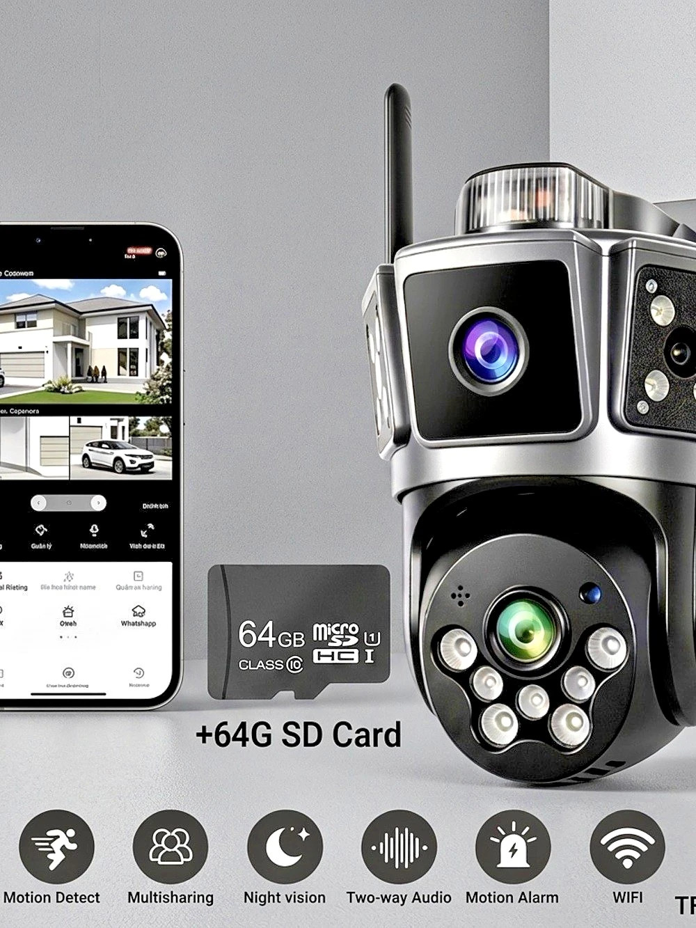 Dual Lens 3-Scene WiFi Security Camera PTZ Outdoor 360° +64GB SD Card Included.